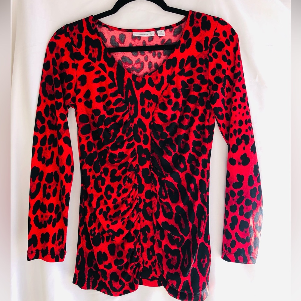 Susan Graver Red Cheetah Print 3/4 Sleeve Tunic Top (XXS) NEW!